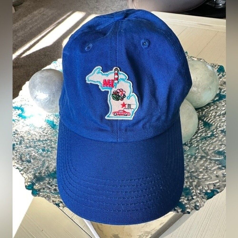 Michigan Royal blue baseball hat cap with state of Michigan light house Detroit